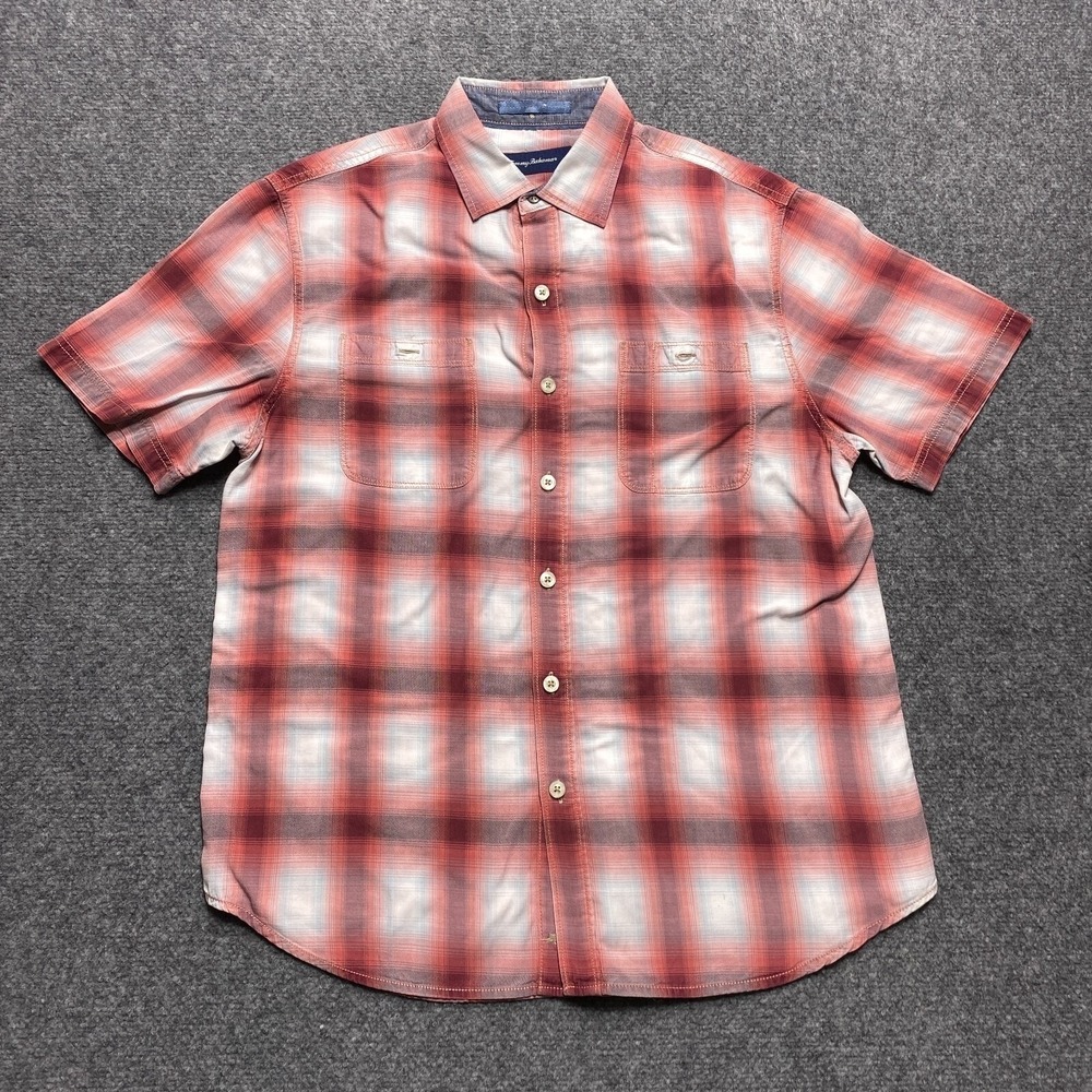 Tommy Bahama Shirt Mens Medium Red White Shadow Plaid Tencel Cotton Short Sleeve